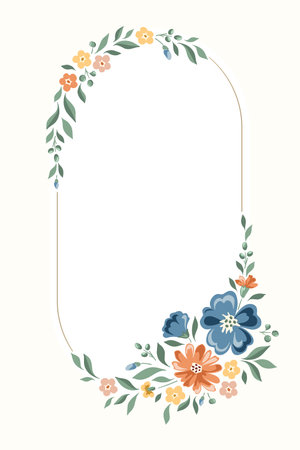 Delicate Chintz Romantic Meadow Wildflowers Vector Vertical Oval Frame. Cottagecore Garden Flowers and Foliage Wedding Invitation. Homestead Bouquet. Farmhouse Backgroundのイラスト素材