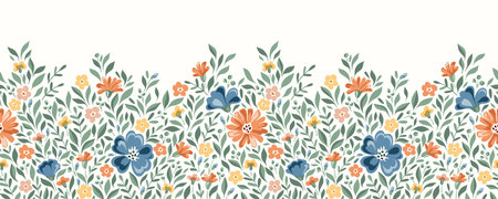 Delicate Chintz Romantic Meadow WildflowersHorizontal Vector Seamless Pattern Border. Cottagecore Garden Flowers and Foliage Print. Homestead Bouquet. Farmhouse Backgroundのイラスト素材