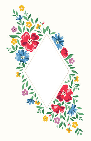 Bright Chintz Romantic Meadow Wildflowers Vector Diamond Frame. Cottagecore Garden Flowers and Foliage Wedding Invitation. Homestead Bouquet. Farmhouse Backgroundのイラスト素材