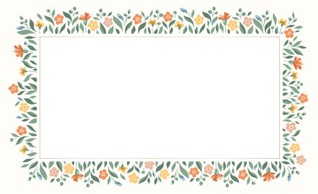 Delicate Chintz Romantic Meadow Wildflowers Vector Rectangular Frame. Cottagecore Garden Flowers and Foliage Wedding Invitation. Homestead Bouquet. Farmhouse Backgroundのイラスト素材