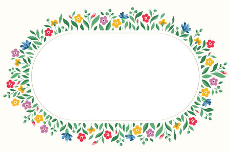 Bright Chintz Romantic Meadow Wildflowers Vector Ellipse Oval Frame. Cottagecore Garden Flowers and Foliage Wedding Invitation. Homestead Bouquet. Farmhouse Backgroundのイラスト素材