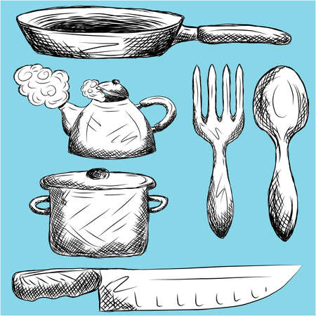 Set of kitchen utensils on blue backgroundのイラスト素材