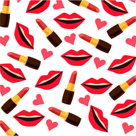 Background pattern with red lipstick, lips and heartsのイラスト素材