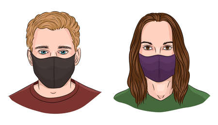 Cartoon illustration of a man and a woman wearing face masksのイラスト素材