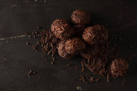 Brigadeiro (Brigadeiro) Traditional Brazilian sweet. Chocolate candies on dark background.