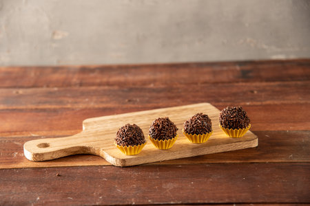 Brigadeiro (Brigadeiro) Traditional Brazilian sweet. Lined up on a wooden board