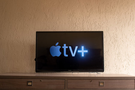 Brazil, Rio de Janeiro - May 19, 2023: Flat-screen TV set displaying logo of Apple TV+のeditorial素材