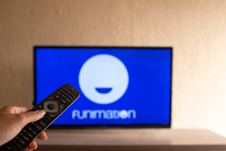 Brazil, Rio de Janeiro - May 19, 2023:  In this photo illustration the Funimation Productions logo seen displayed on TV.のeditorial素材
