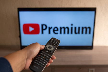 Brazil, Rio de Janeiro - May 19, 2023: Flat-screen TV set displaying logo of youtube premiumのeditorial素材