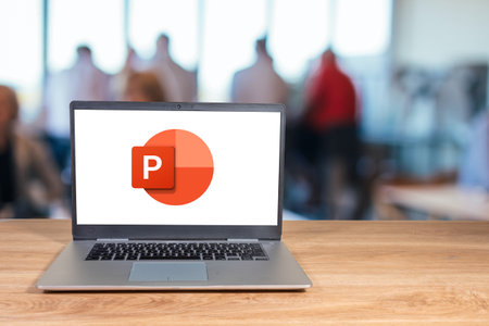 Brazil, Rio de Janeiro, 10/10/2023. Microsoft PowerPoint logo displayed on a laptop screen