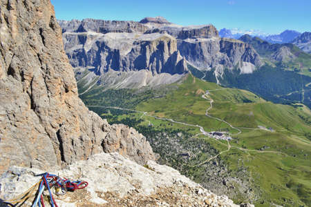 Sella Group, a plateau-shaped massif in the Dolomites. View from the top of one of the climbing routes on Langkofel - Sassolungo.の写真素材