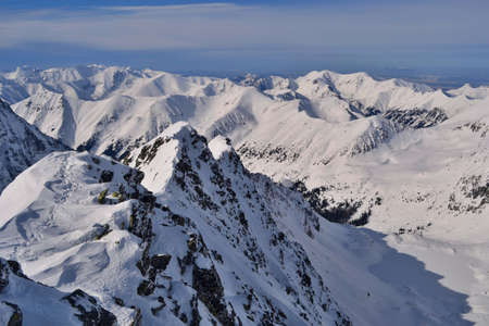 Beautiful view of Tatra Mountains in sunny and chilly day. Hike to Koprovsky Stit in the High...