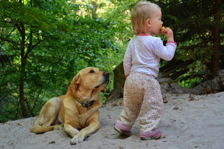 BOHEMIAN PARADISE, CZECH REPUBLIC - JUNE 10, 2016: Cute little girl sitting on the sand in the forest. She is watched by curious dog.のeditorial素材