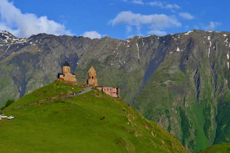 Beautiful church in the mountains near Stepantsminda city, Kazbegi, Georgia. Gergeti Trinity Church....