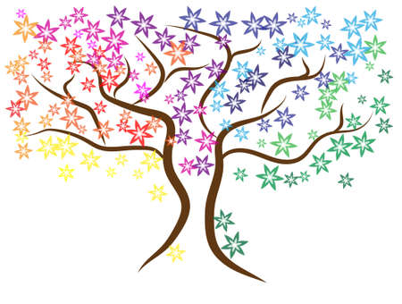 Beautiful gentle colorful tree. Brown branches with flowers of rainbow color. Vector Illustration Keywords:のイラスト素材