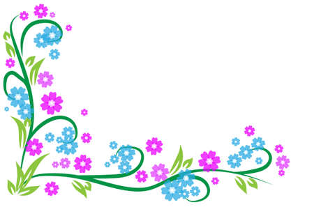 Simple flower frame made of green plants with violet, blue and pink flowers. Vector Illustration.のイラスト素材