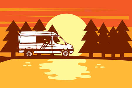 Sun is setting behind the trees, reflection in the lake. White van on the shore, living van life, camping in the nature. Orange background, Vector illustration.のイラスト素材