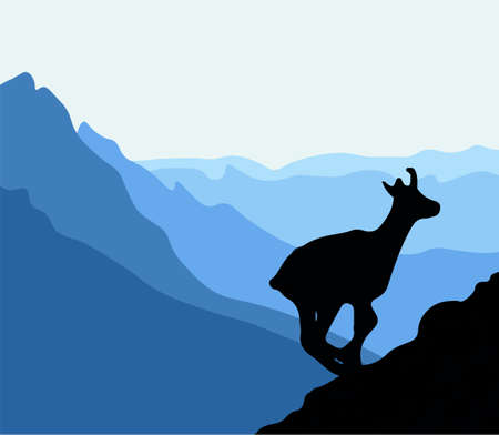 Black silhouette of chamois, jumping up the hill. Mountains in the background. Vector illustration.のイラスト素材