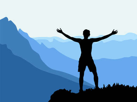 Black silhouette of man standing on the top of the hill, outstretched hands, enjoying beautiful view. Mountains in the background. Vector illustration.のイラスト素材