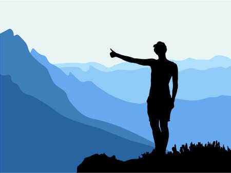 Black silhouette of man standing on the top of the hill, thumb up, enjoying beautiful view. Mountains in the background. Vector illustration.のイラスト素材