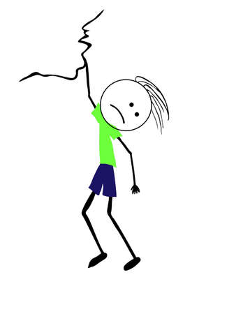 Simple vector illustration of scared climber hang by hand on rock. Green shirt, blue shorts. Isolated on white background.のイラスト素材