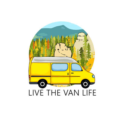 Van life sticker. Sandstone rock formation, forest and the mountains in the background. Colorful Illustration. Live the van life.のイラスト素材