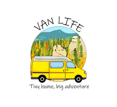 Van life sticker. Sandstone rock formation, forest and the mountains in the background. Colorful Illustration. Home is where we park it text.のイラスト素材