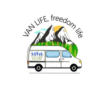 Camper van with forest and mountains in the background. Living van life, camping in the nature, travelling. Van life, freedom life. Illustration.のイラスト素材