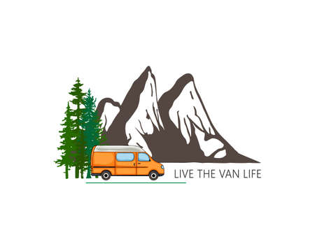 Camper van with forest and mountains in the background. Living van life, camping in the nature, travelling. Live the van life text. Illustration.のイラスト素材