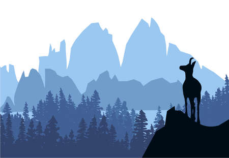 A chamois stands on top of a hill with mountains and forest in the background. Black silhouette with blue background. Illustration.のイラスト素材
