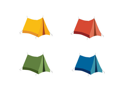Blue, yellow, red and green set of tent. Colorful simple illustration isolated on white background.のイラスト素材