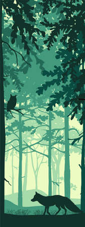 Vertical banner of forest landscape. Fox and owl in magic misty forest. Silhouettes of trees and animals. Blue, green, black background, illustration. Bookmark.のイラスト素材