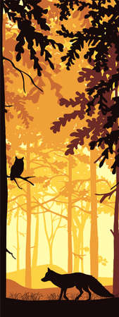 Vertical banner of forest landscape. Fox and owl in magic misty forest. Silhouettes of trees and animals. Orange, yellow, black background, illustration. Bookmark.のイラスト素材