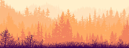 Horizontal banner of forest and meadow, silhouettes of trees and grass. Magical misty landscape, fog. Orange and pink illustration. Bookmark.のイラスト素材