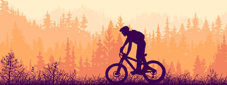 Horizontal banner. Silhouette of mountain bike rider on meadow in forrest. Silhouette of biker, trees, grass. Magical misty landscape, fog. Orange, violet, pink illustration. Bookmark.のイラスト素材