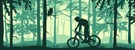 Horizontal banner. Silhouette of mountain bike rider in magical misty forest. Wild nature landscape. Owl on branch. Green illustration.のイラスト素材