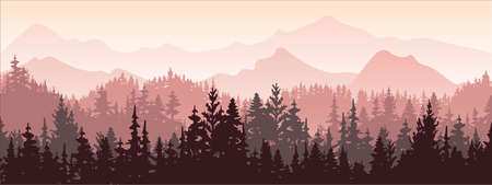 Horizontal banner. Magical misty landscape. Silhouette of forest and mountains, fog. Nature background. Pink and violet illustration. Bookmark.のイラスト素材