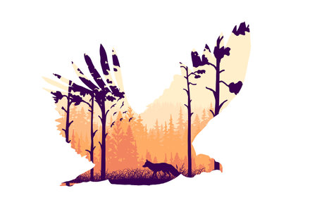Magic misty forest in silhouette of vulture predator. Trees, fox on meadow in grass, birds. Orange and violet wild landscape illustration. Bird of prey isolated on white background.のイラスト素材