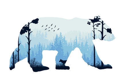Magic misty forest in silhouette of bear. Trees, fox on meadow in grass, birds. Blue and black wild landscape illustration. Animal isolated on white background.のイラスト素材
