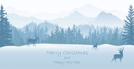 Winter landscape Christmas card. Deer, fawn, doe in snow, forest and mountains in the background. Magical misty nature, wildlife. Merry Christmas and Happy New Year.のイラスト素材