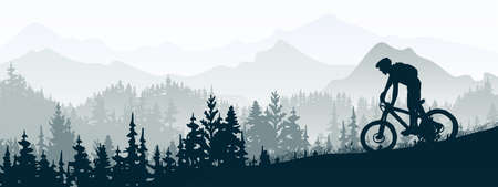 Silhouette of mountain bike rider in wild nature landscape. Mountains, forest in background. Magical misty nature. Blue illustration.のイラスト素材