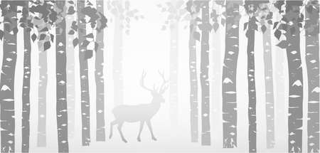 Birch forest with deer. Silhouette of trees and animal. Horizontal banner, magical misty landscape. Gray illustration.のイラスト素材
