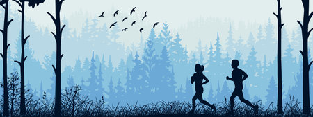Horizontal landscape banner. Silhouette of boy and girl jogging in forest. Blue illustration. Wild trees.のイラスト素材