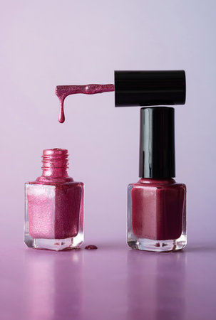 Transparent bottle with pearl pink lacquer on a purple background. A drop of varnish falls from the brush. Light lilac backgroundの写真素材