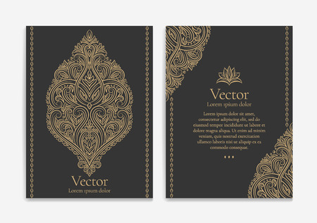 Gold vintage greeting card design with a black background. Luxury vector ornament template. Mandala. Great for invitation, flyer, menu, brochure, wallpaper, decoration, or any desired idea.のイラスト素材