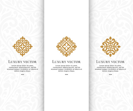 Vector set of golden logo with elegant, classic elements. Can be used for emblem and monogram. Great for invitation, flyer, menu, brochure, background or any desired idea.のイラスト素材