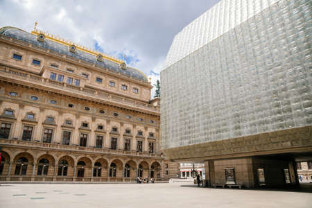 New and Old Stage of the National Theater, Laterna Magika on summer day, Prague, Czech Republic -...