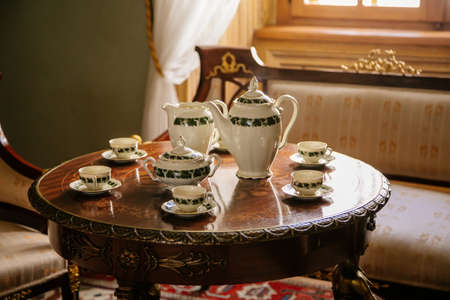 Castle interior. Old tea set. Castle Bitov, South Moravia Region, Czech Republic, July 05, 2020のeditorial素材
