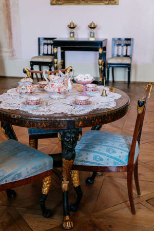 Castle interior. Old tea set. Castle Kacina, Empire Chateau near Kutna Hora, Bohemia, Czech Republic, August 8, 2020のeditorial素材