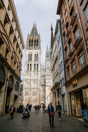 Half-Timbered Houses and Notre Dame de Rouen Cathedral, Rouen, Normandy, France, September 25, 2019のeditorial素材